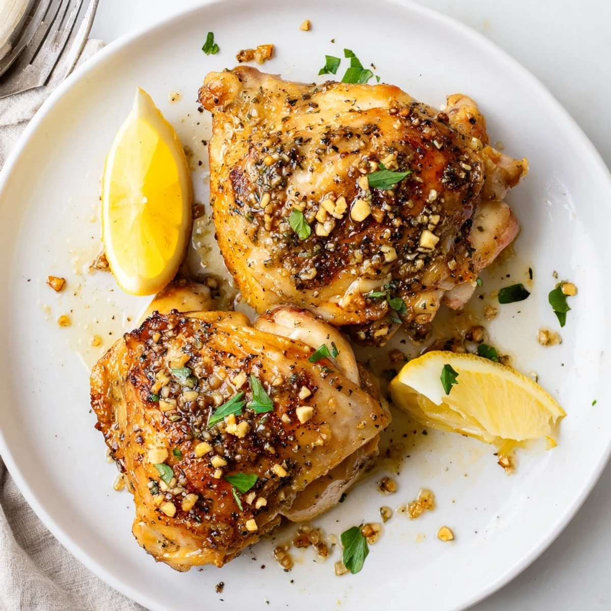 Lemon Pepper Chicken Thighs roasted golden, juicy skin glistening with lemon wedges.