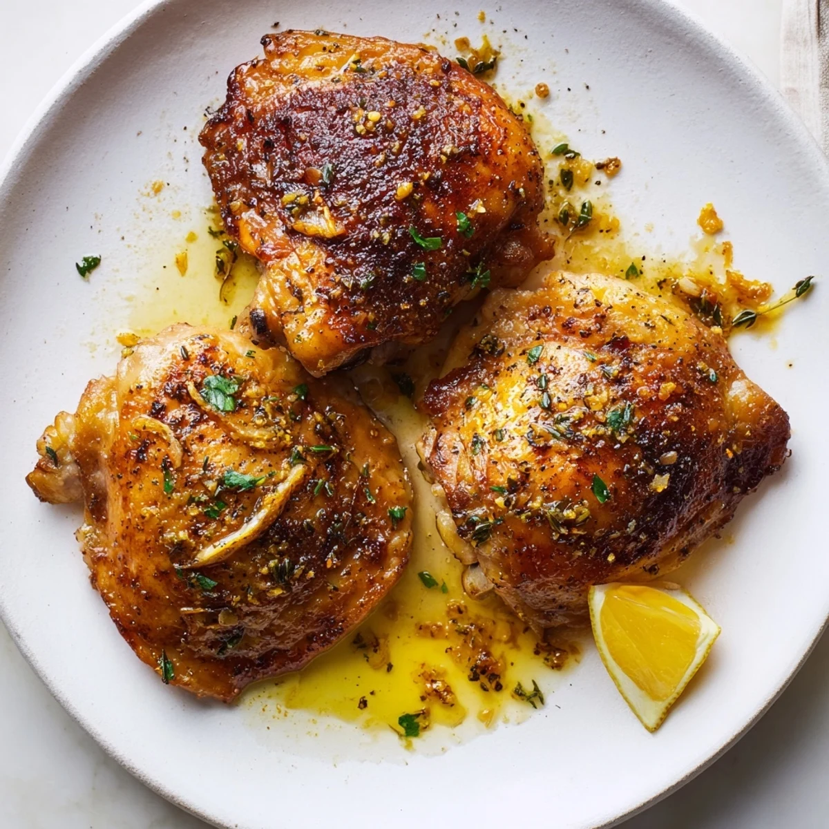 Crispy Lemon Pepper Chicken Thighs marinated in zesty garlic and fresh thyme.