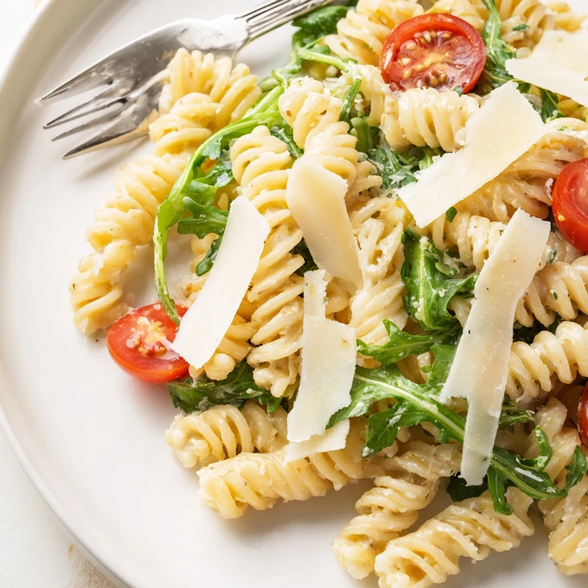 Arugula Pasta Caesar Salad with glossy shaved Parmesan, cherry tomatoes, and croutons.