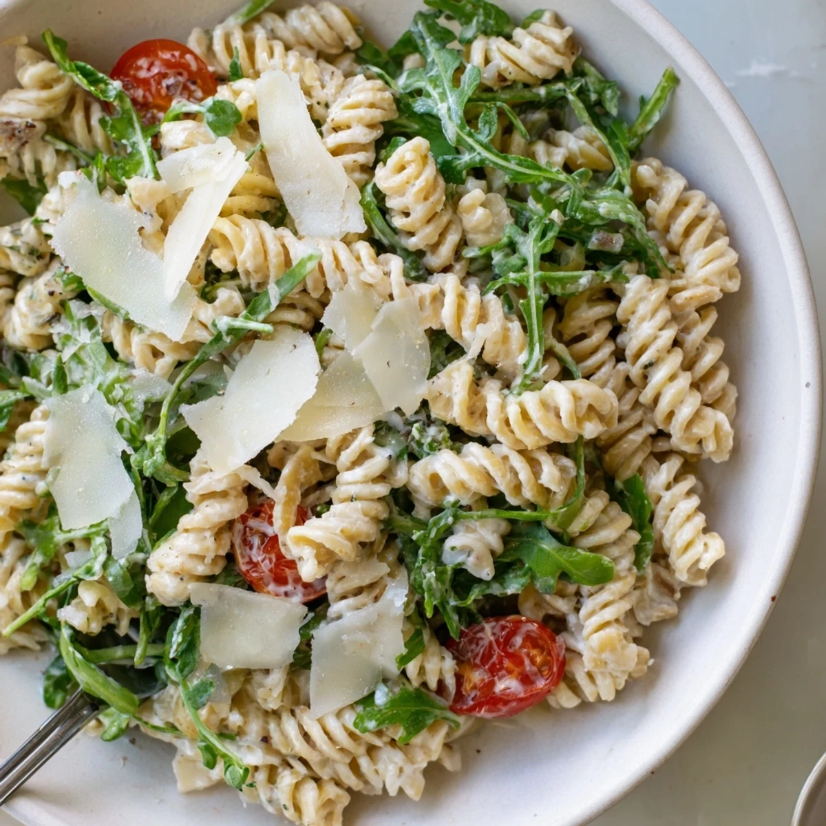 Fresh Arugula Pasta Caesar Salad tossed in creamy homemade dressing, lemony brightness.