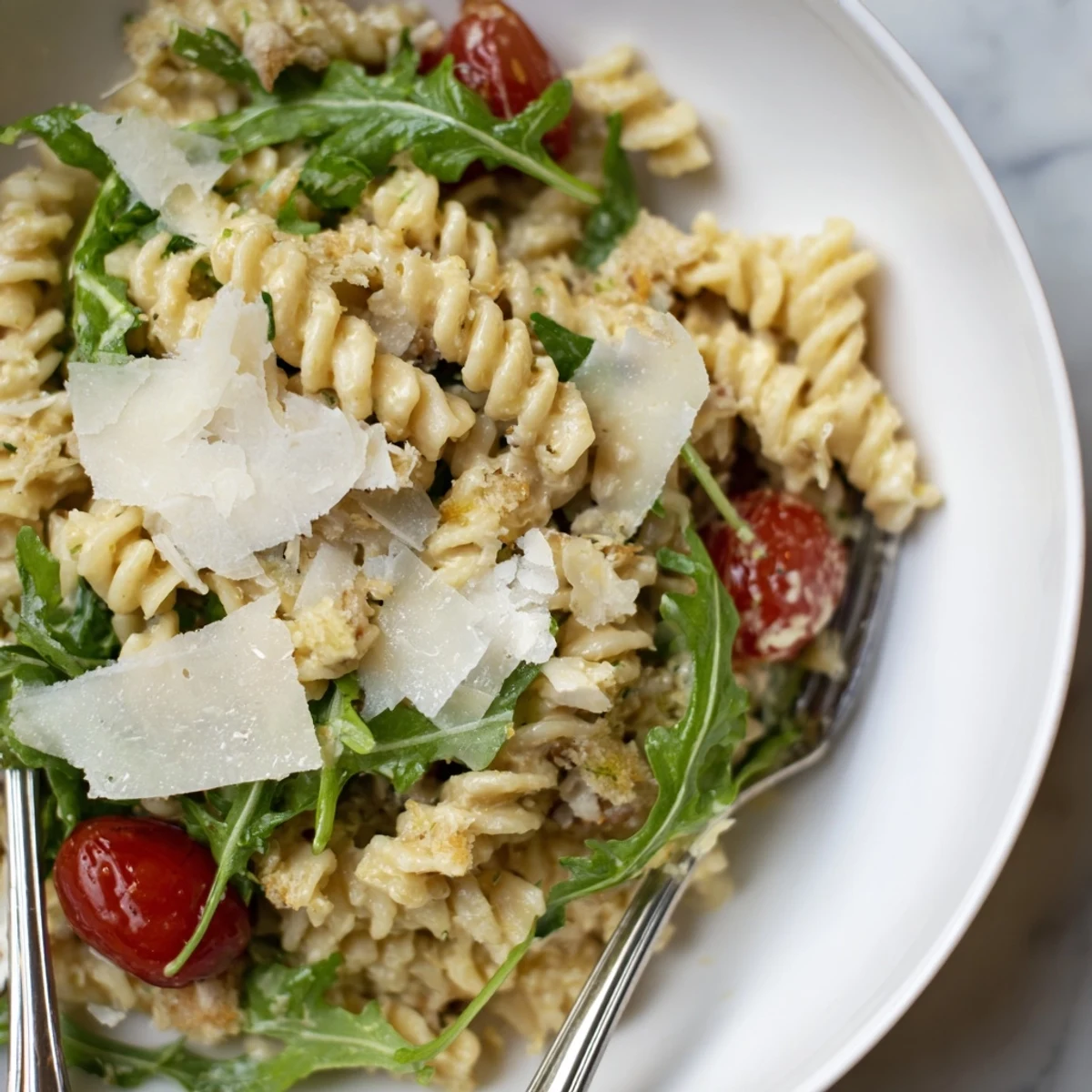 Serve warm Arugula Pasta Caesar Salad for easy weeknight vegetarian main.