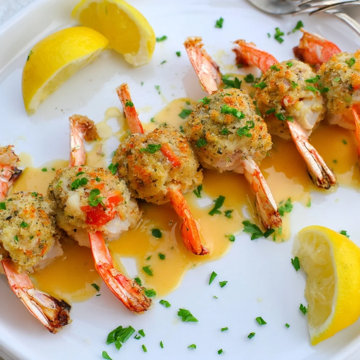 Crab Cake Stuffed Shrimp With Cowboy Butter, golden-baked and drizzled with zesty sauce