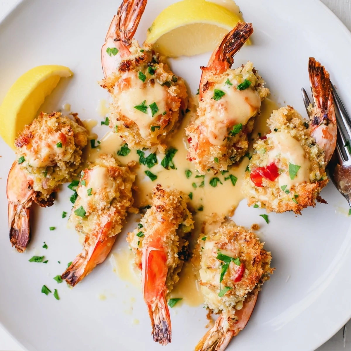 Crab Cake Stuffed Shrimp With Cowboy Butter served on platter with lemon wedges