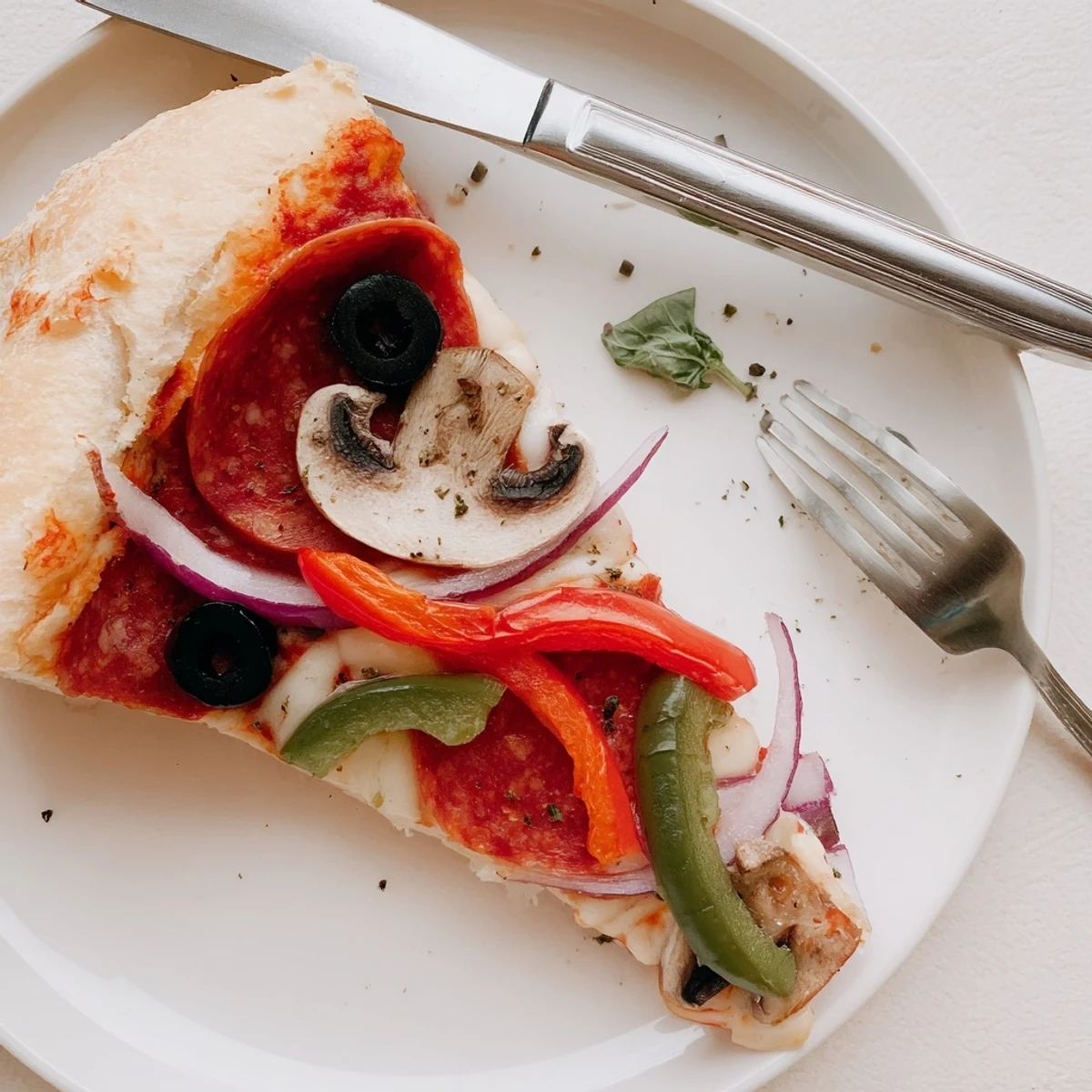Focaccia Pizza Supreme with bubbling mozzarella, charred edges, basil garnish  