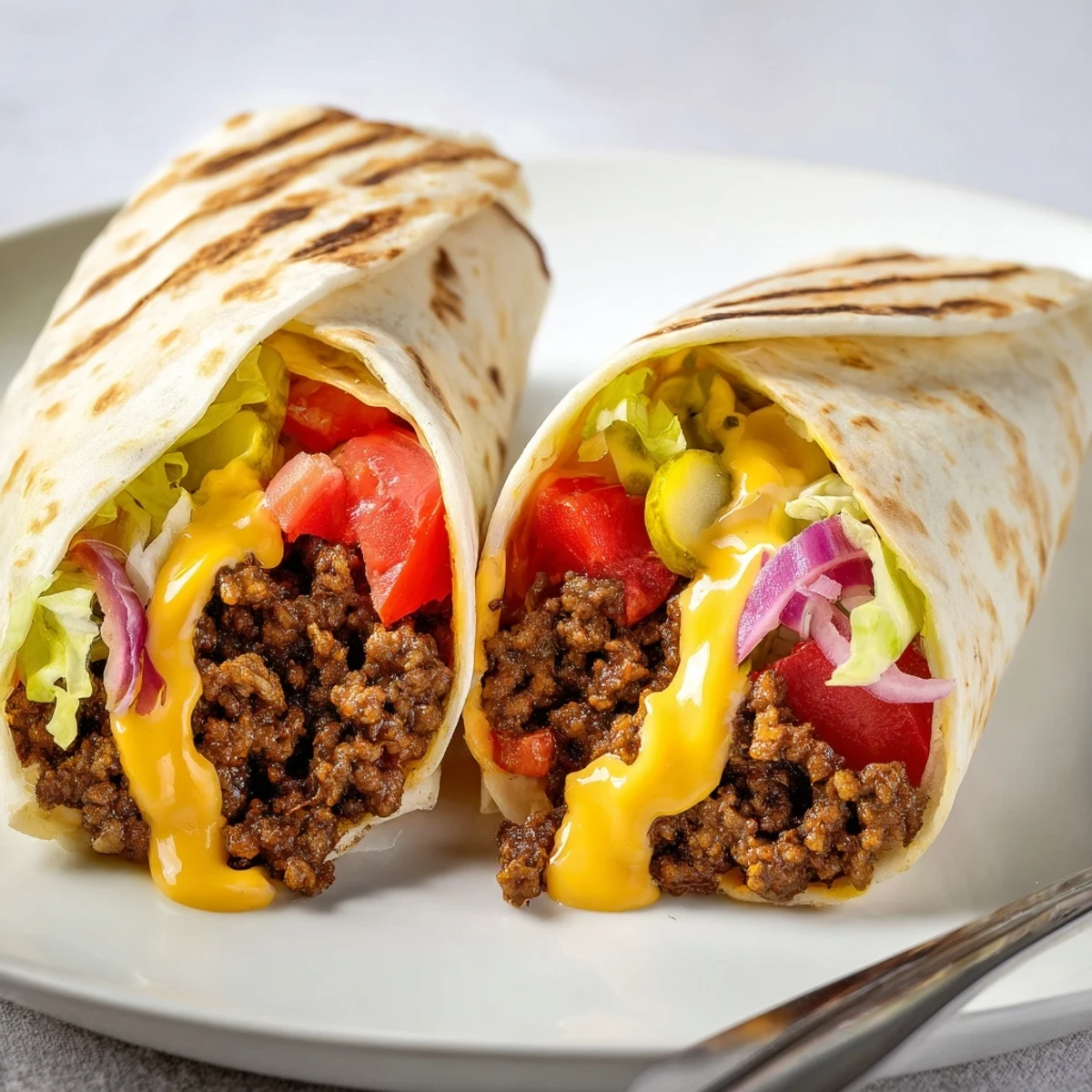 Grilled Cheeseburger Wrap Recipe halved on plate, warm tortilla, tangy pickles.