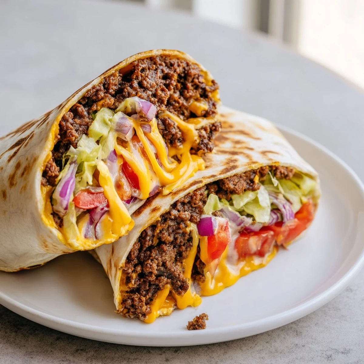 Cheeseburger Wrap Recipe showing melted cheddar, juicy beef, crisp lettuce inside.