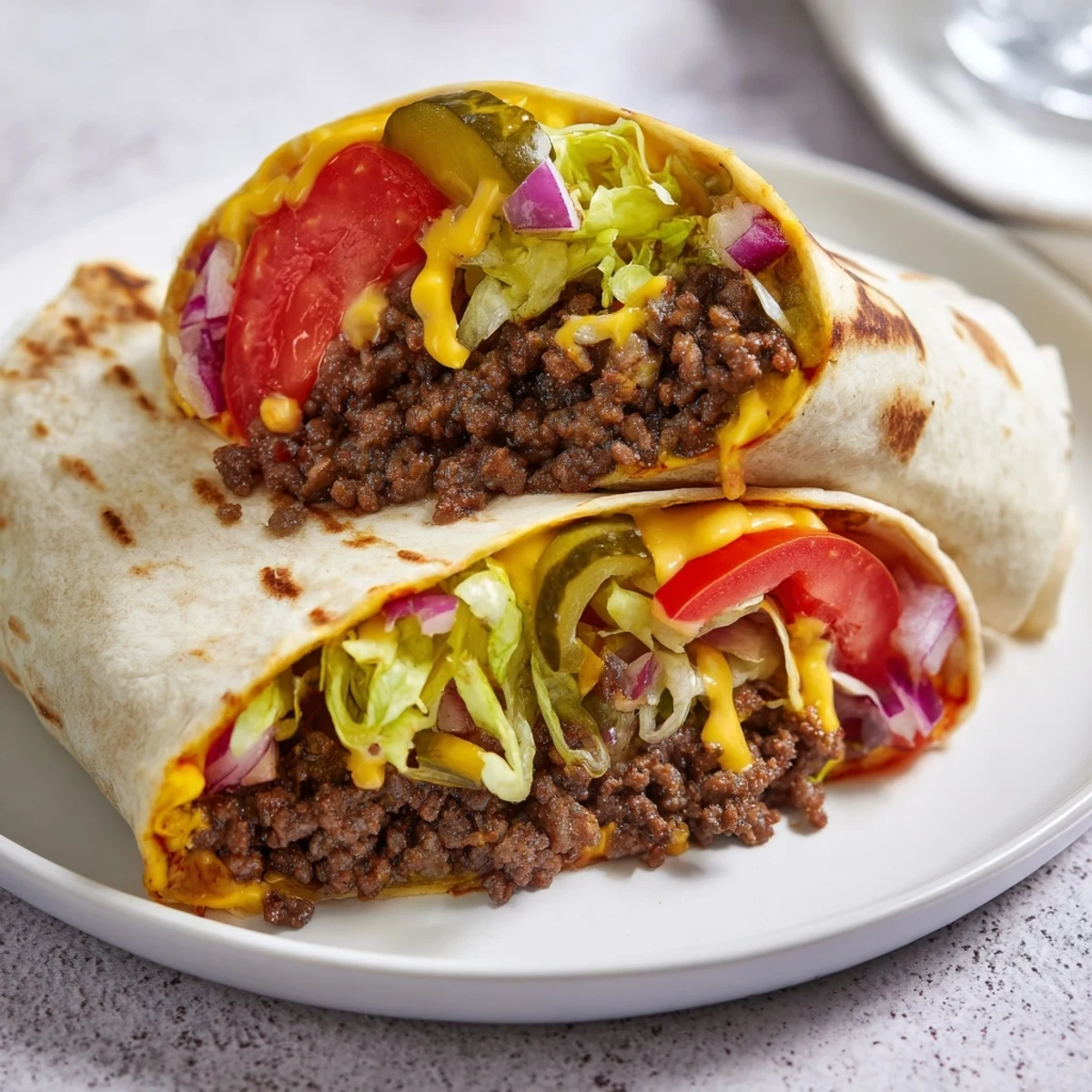 Easy Cheeseburger Wrap Recipe plated with ketchup drizzle, steam rising from tortilla.