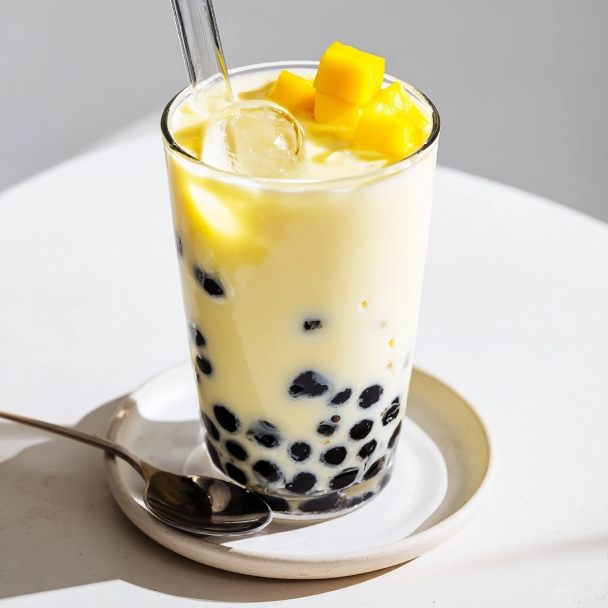 Creamy Mango Milk Boba Tea with chewy pearls and crushed ice  
