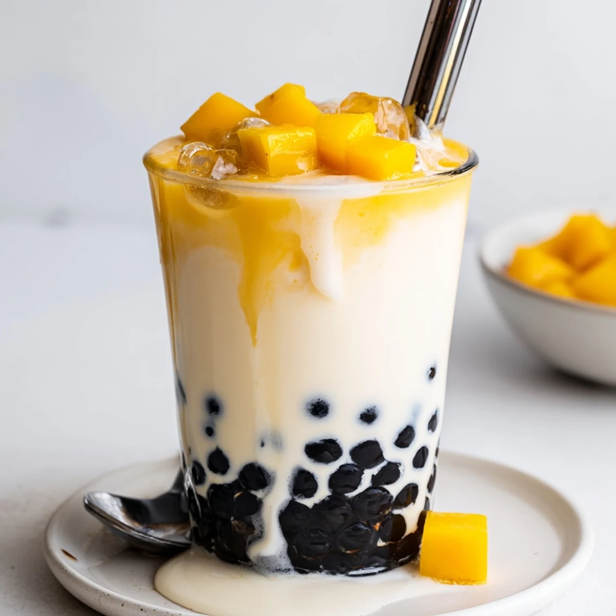 Silky Mango Milk Boba Tea layered over pearls, garnished with fresh mint