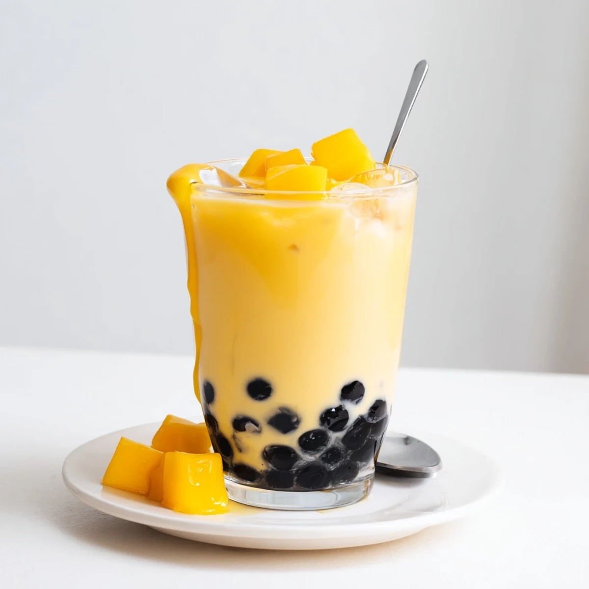 Chilled Mango Milk Boba Tea served in tall glass with wide straw  