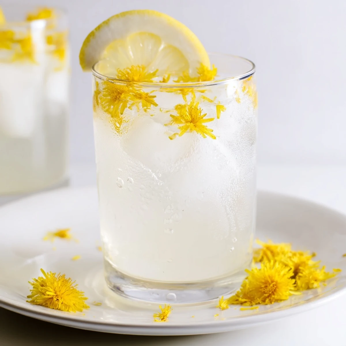 Glass of chilled Dandelion Lemonade Recipe garnished with lemon slice and petals