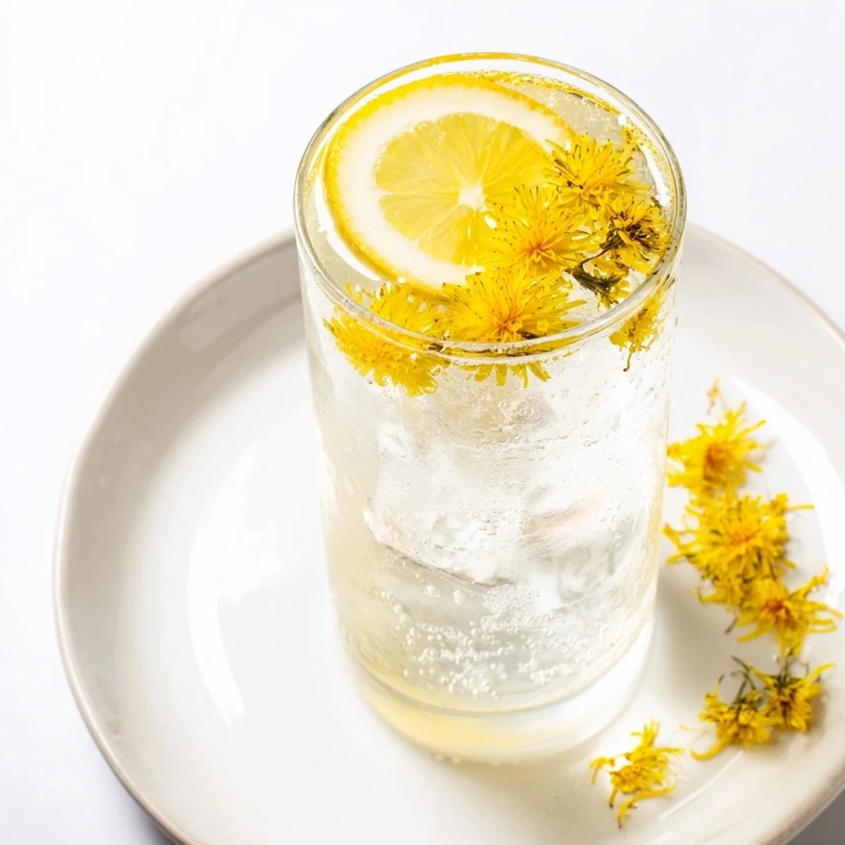 Dandelion Lemonade Recipe in pitcher with ice, bright citrus and floral aroma