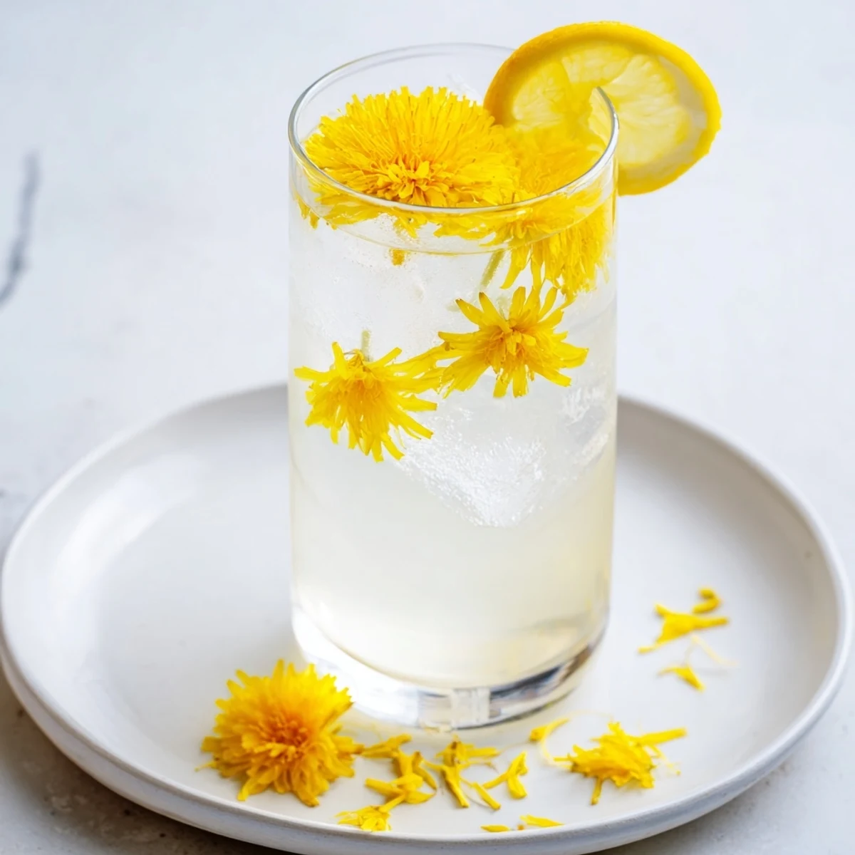 Homemade Dandelion Lemonade Recipe steeped with fresh petals, served over ice