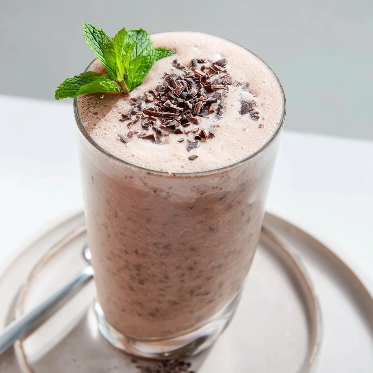 Creamy Peppermint Protein Shake recipe poured into tall glass with froth