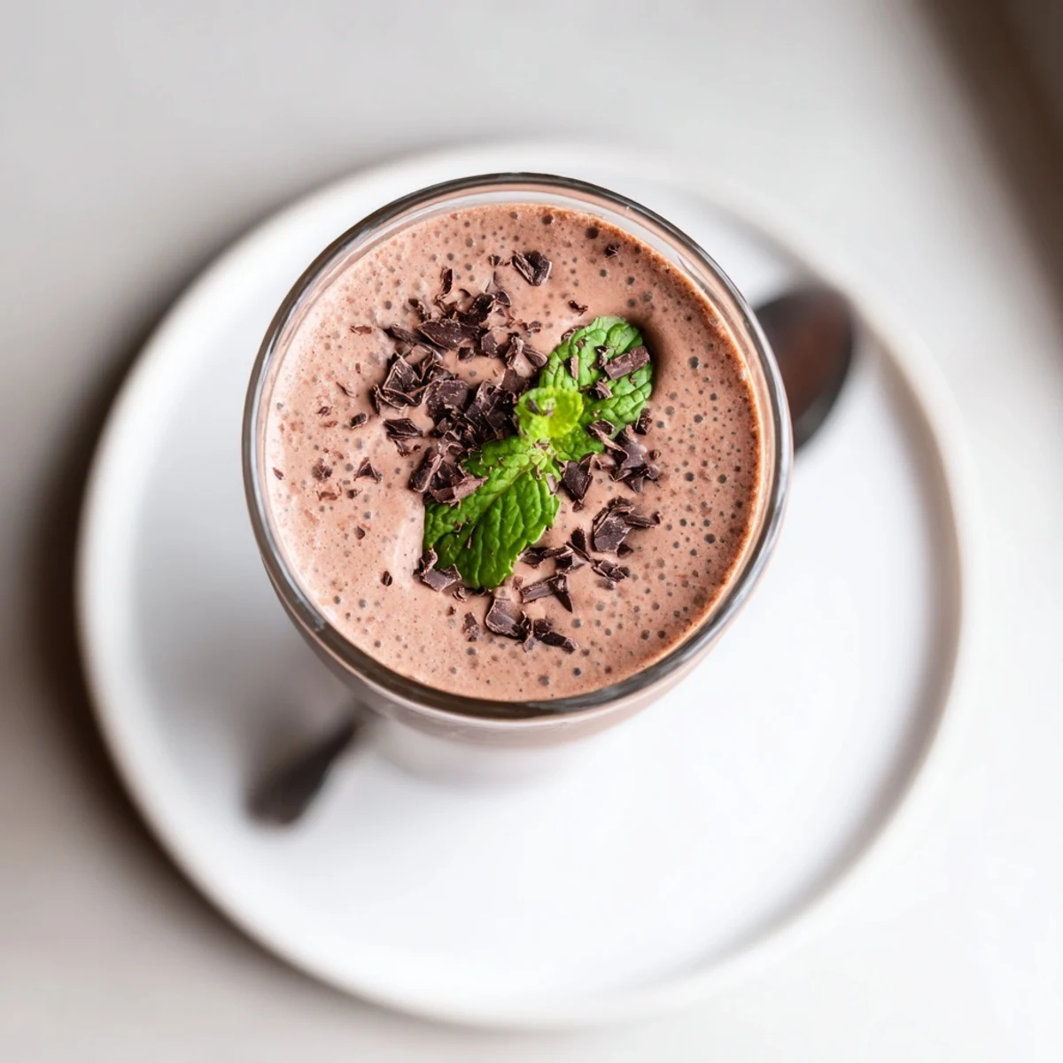 Chilled Peppermint Protein Shake Recipe garnished with fresh mint and chocolate shavings