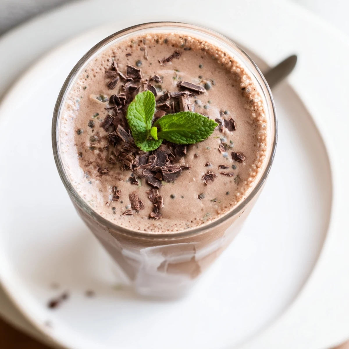 Post workout Peppermint Protein Shake Recipe blending cool mint, banana, and ice