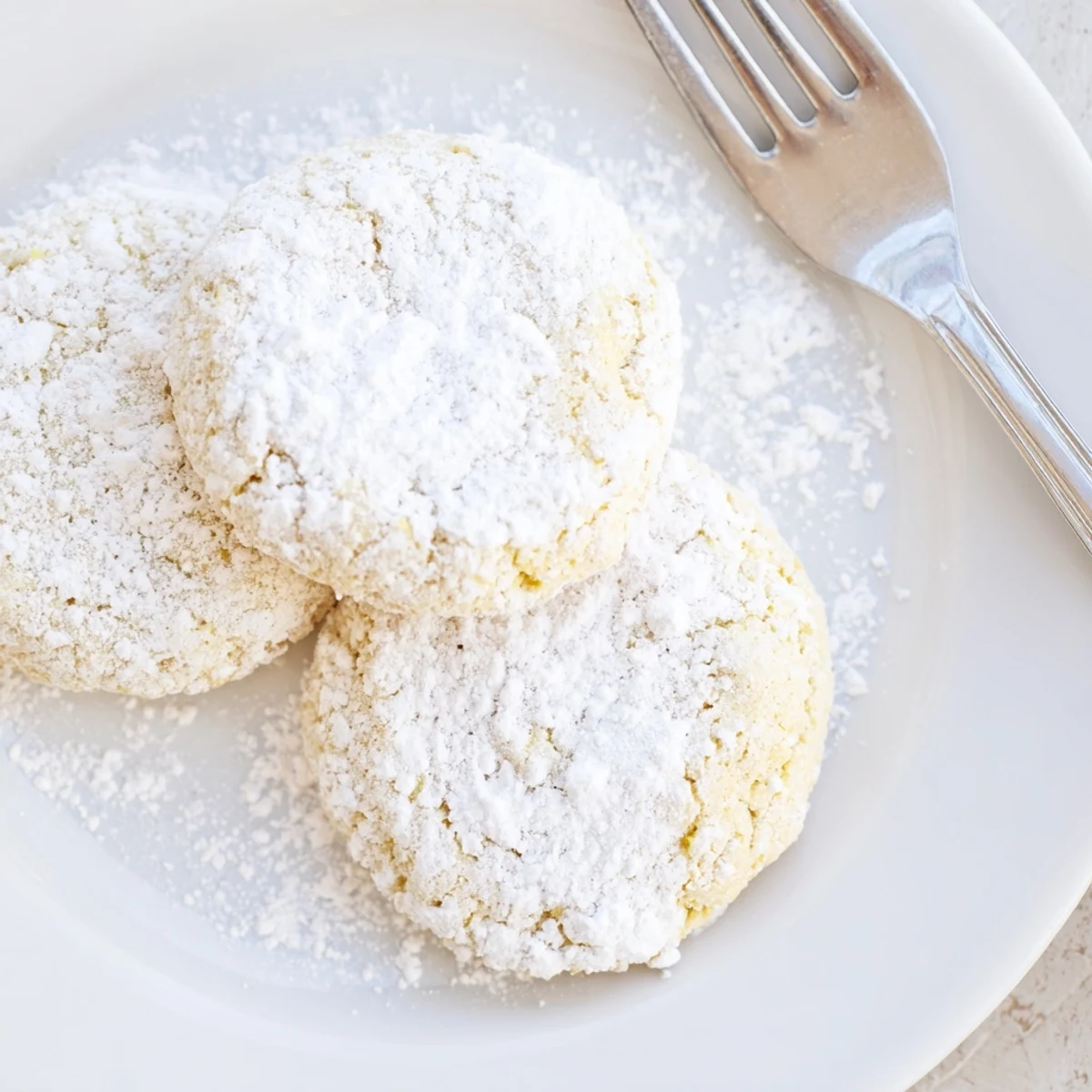 Chewy lemon pixie cookies with fresh lemon zest and dusted sugar on white plate