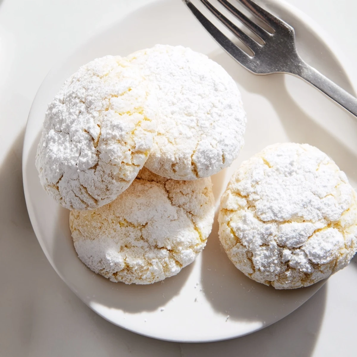 Golden lemon pixie cookies stacked high with powdered sugar coating and citrus garnish