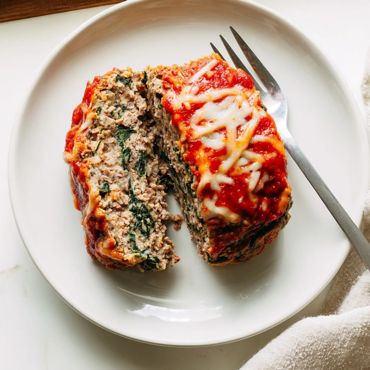 Sliced Italian spinach mozzarella meatloaf topped with marinara sauce on a white serving plate