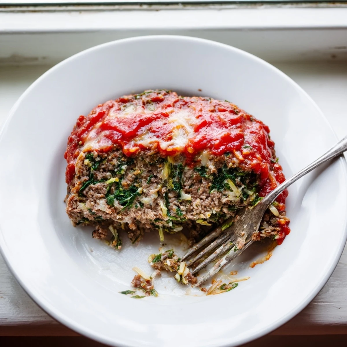Golden brown meatloaf studded with green spinach and melted mozzarella fresh from the oven