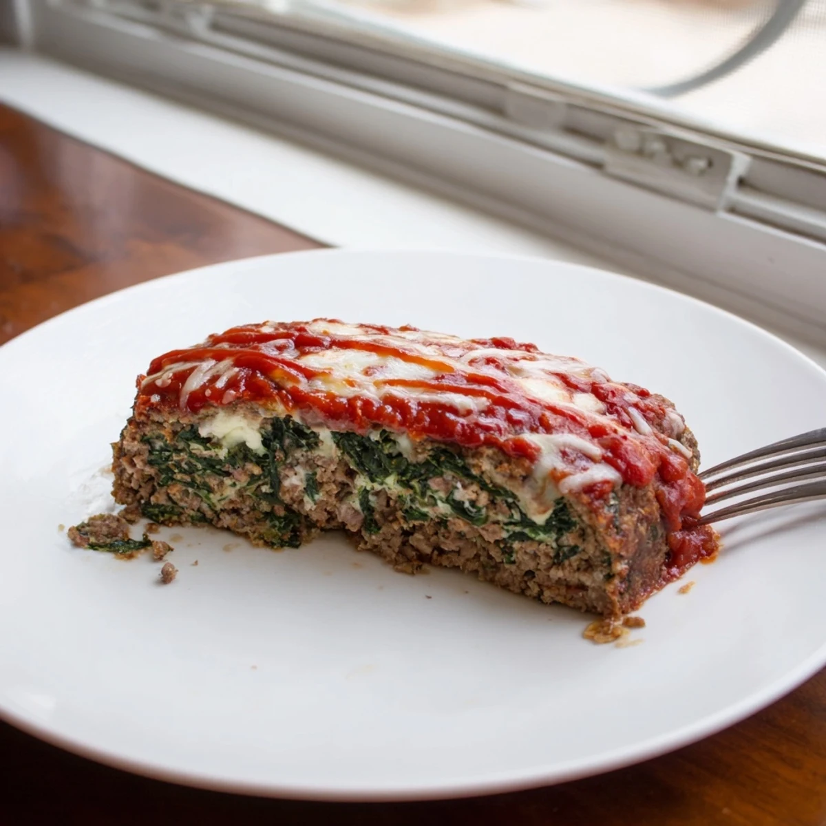 Comforting Italian spinach mozzarella meatloaf garnished with fresh basil and extra sauce