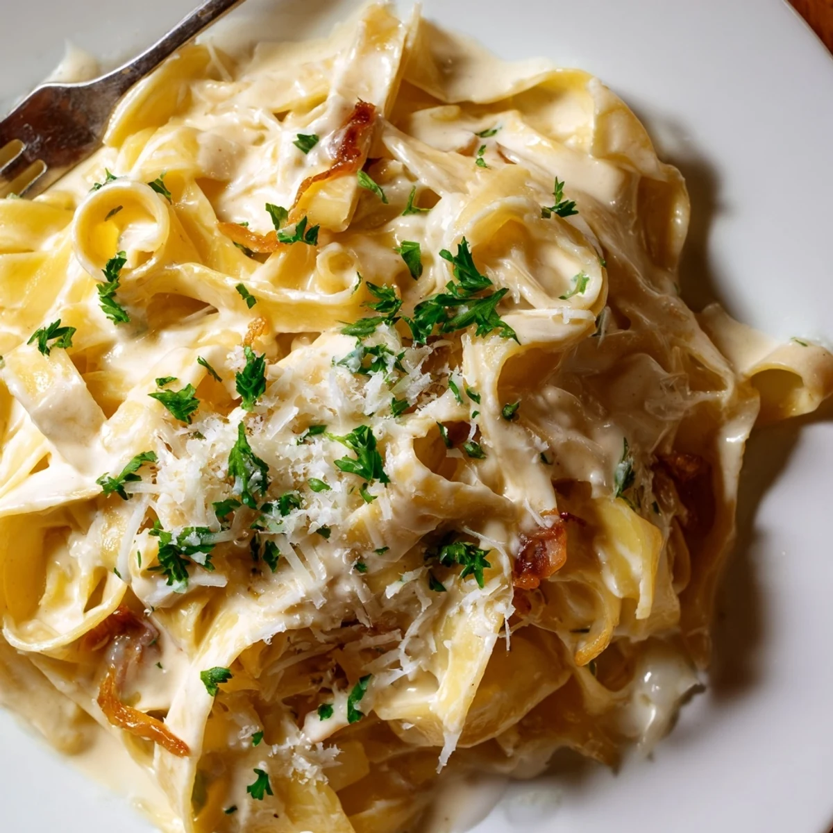 Golden brown caramelized onions coating fettuccine noodles in a rich, velvety cream sauce with grated Parmesan