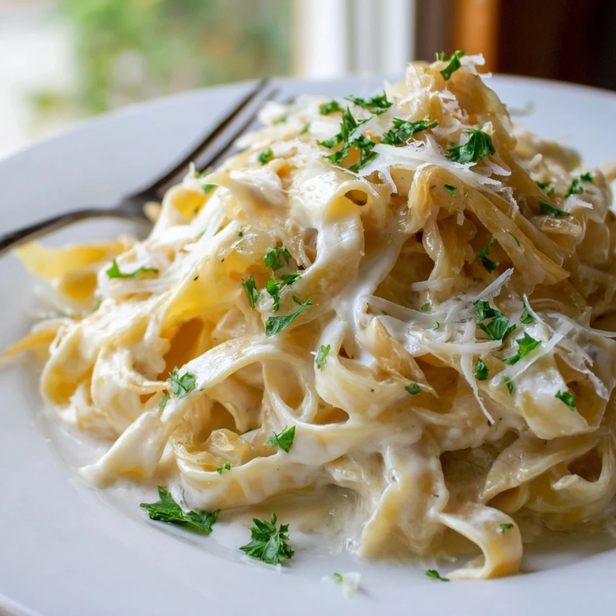 Close-up of Italian-inspired caramelized onion cream pasta showing silky sauce clinging to al dente fettuccine strands