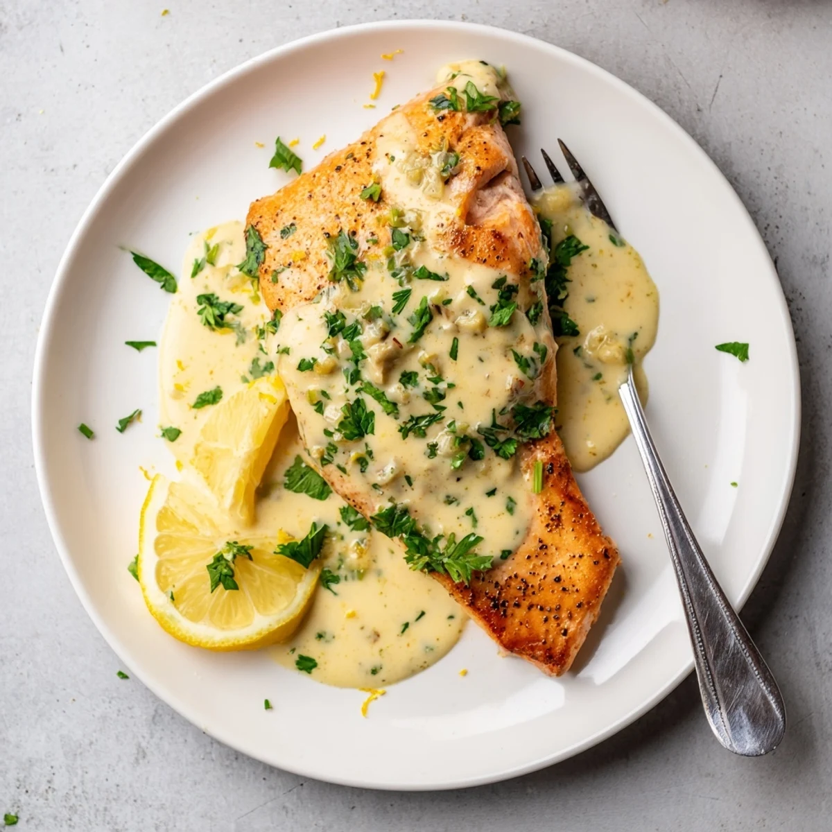 Pan-seared salmon fillet drizzled with creamy lemon garlic sauce and fresh parsley