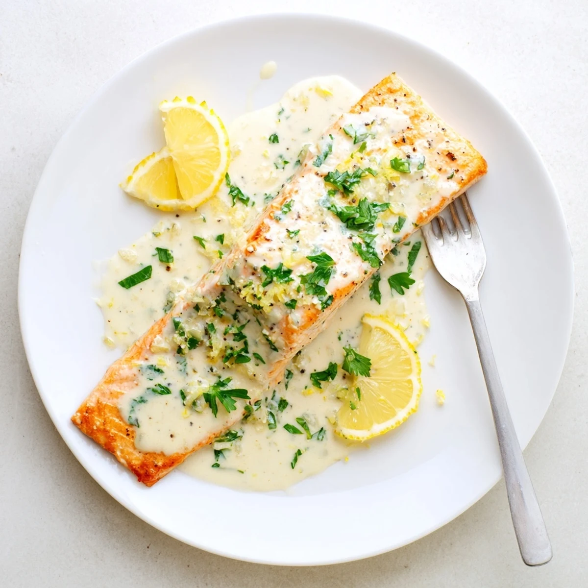 Golden brown salmon with lemon cream sauce served on white plate