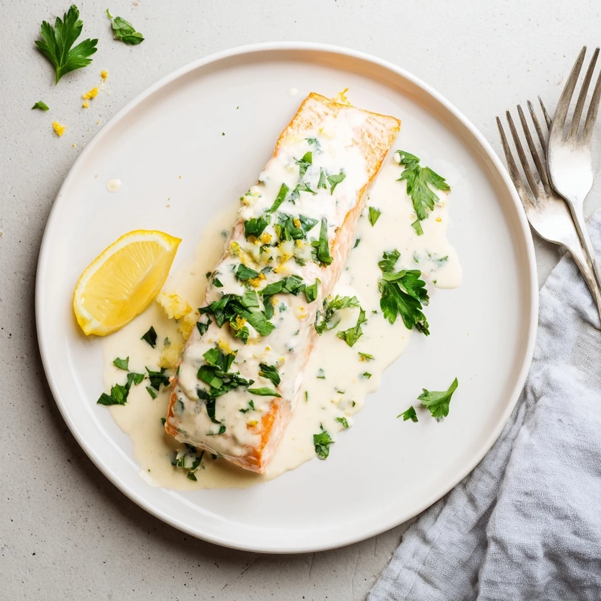 Tender salmon topped with tangy lemon cream sauce and garnished with herbs