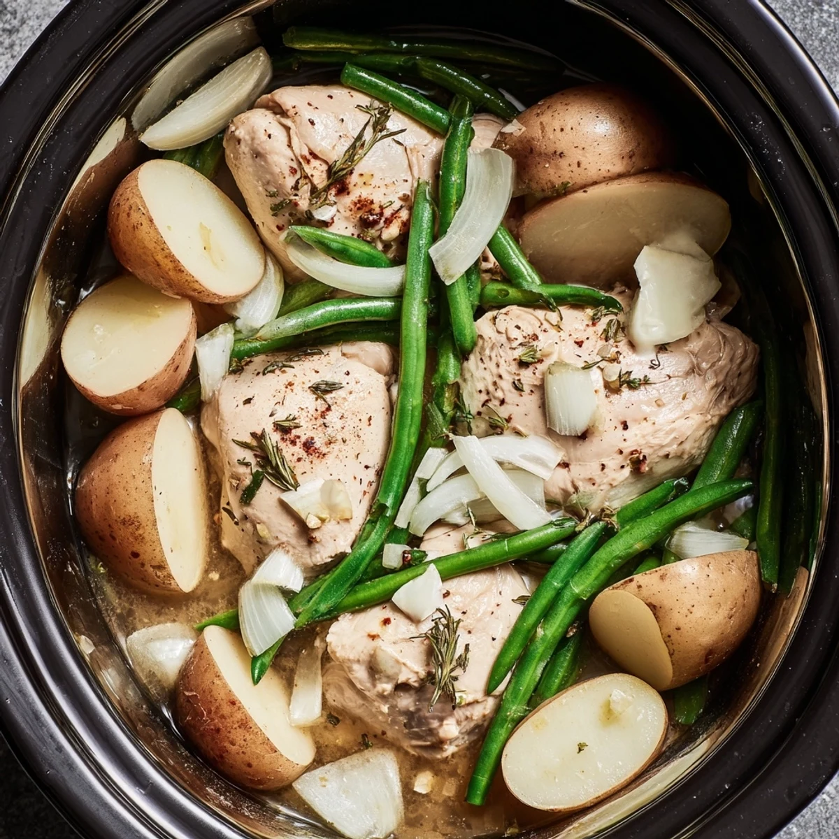 Hearty one-pot meal featuring herb-seasoned chicken with potatoes and green beans in slow cooker