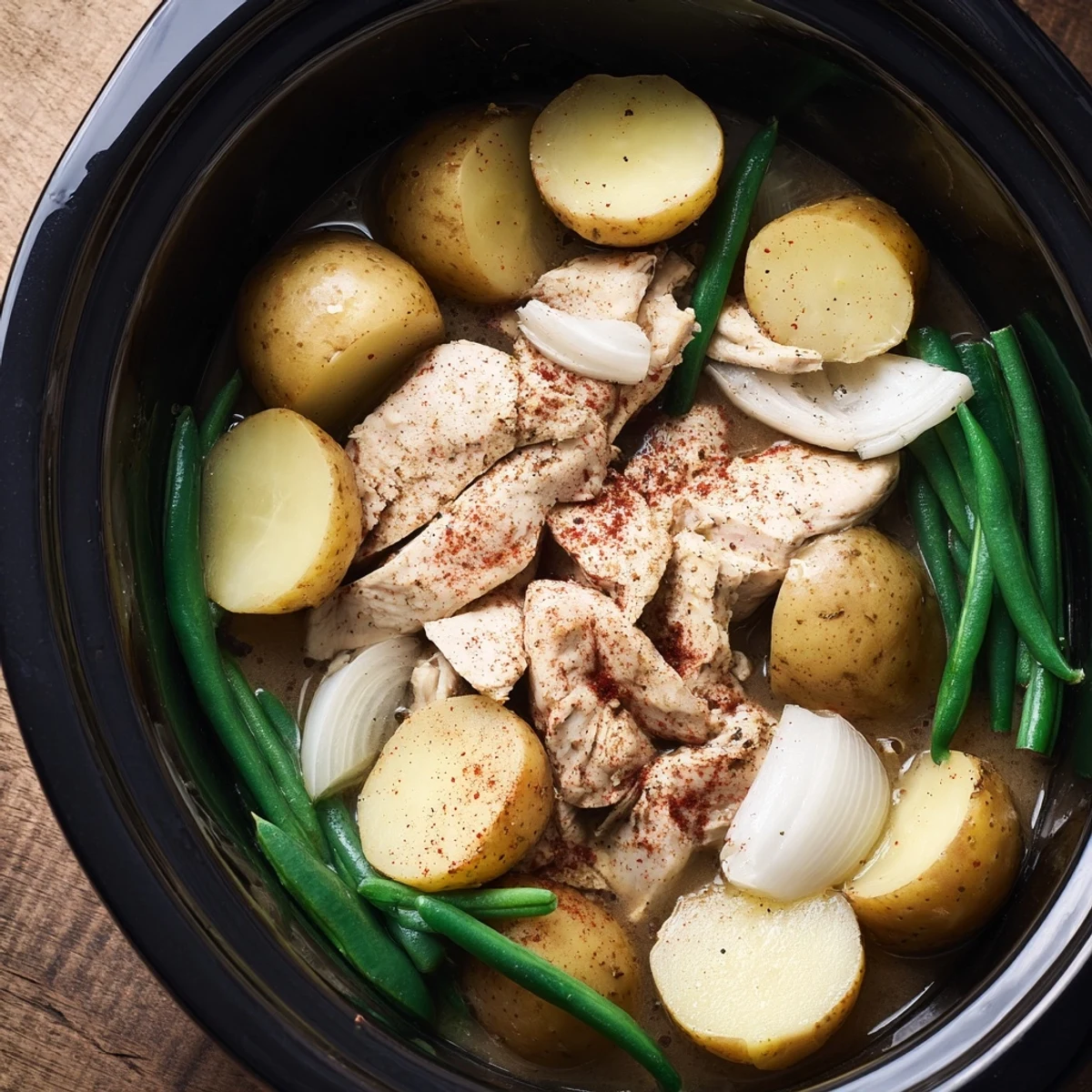Tender chicken breasts nestled beside baby potatoes and crisp green beans in savory broth