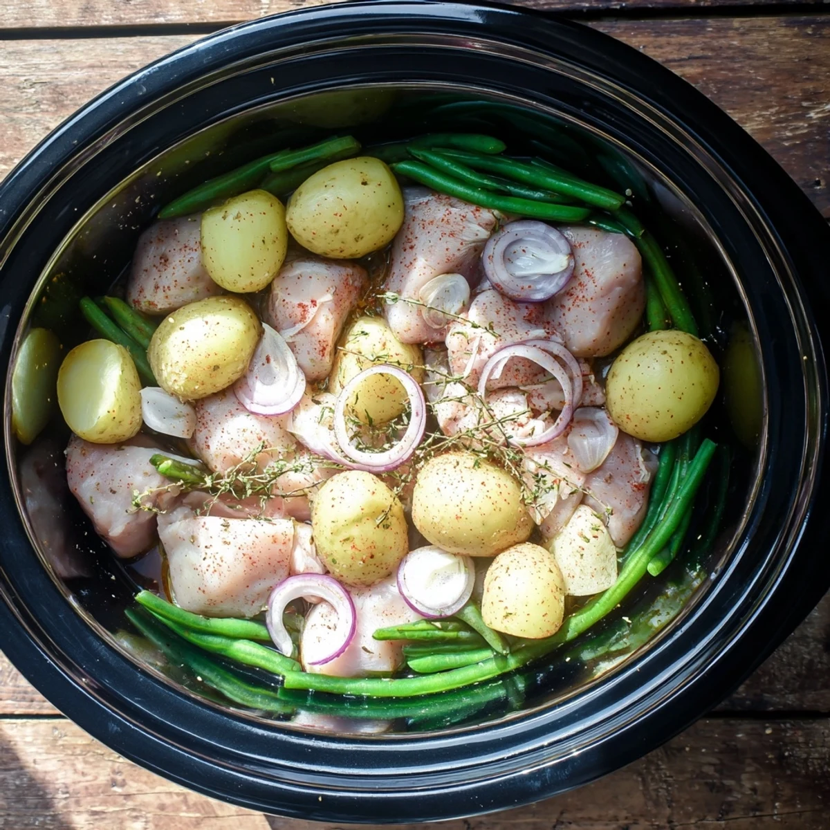 Golden slow cooker chicken and potatoes with green beans garnished with fresh parsley