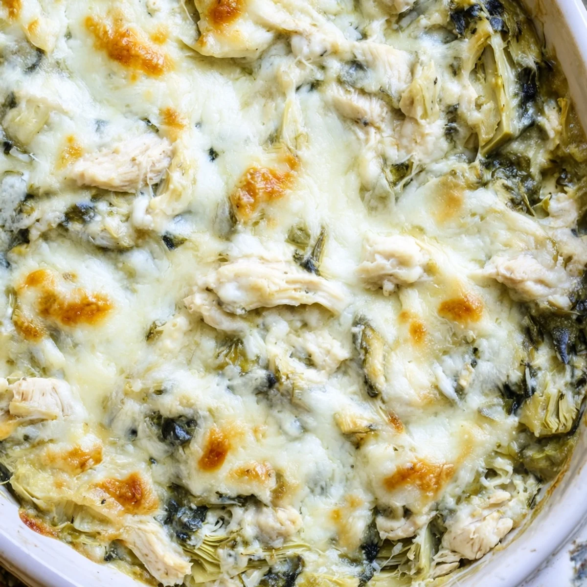 Golden baked spinach artichoke chicken casserole topped with melted mozzarella cheese