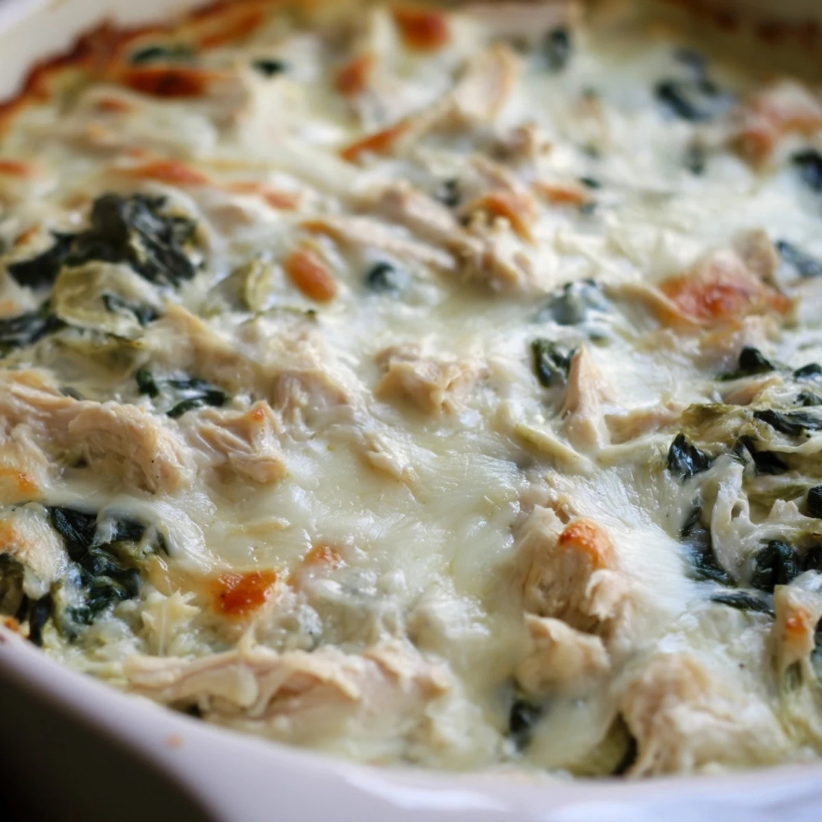 Spoonful of cheesy spinach artichoke chicken casserole showing tender chicken and artichoke pieces