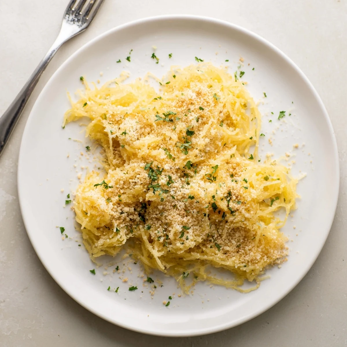Golden bowl of spaghetti squash mac and cheese topped with crispy breadcrumbs and fresh parsley