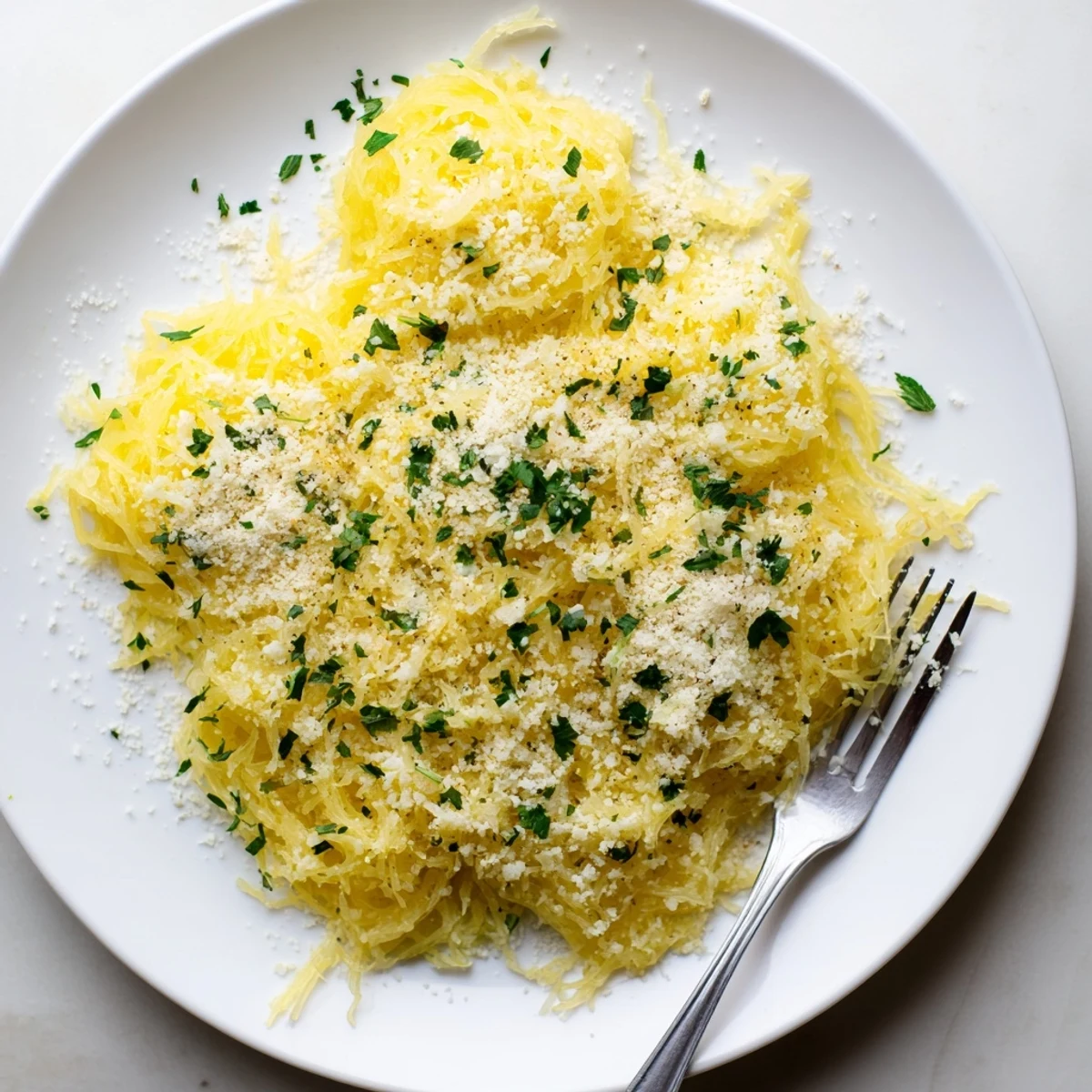 Baked spaghetti squash mac and cheese bubbling with melted cheddar and Gruyère in a rustic white dish