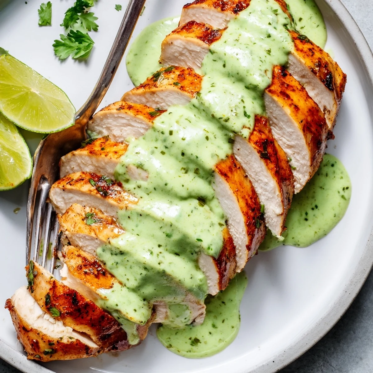 Tomatillo Ranch Chicken baked golden, cilantro-sprinkled, served with lime wedges