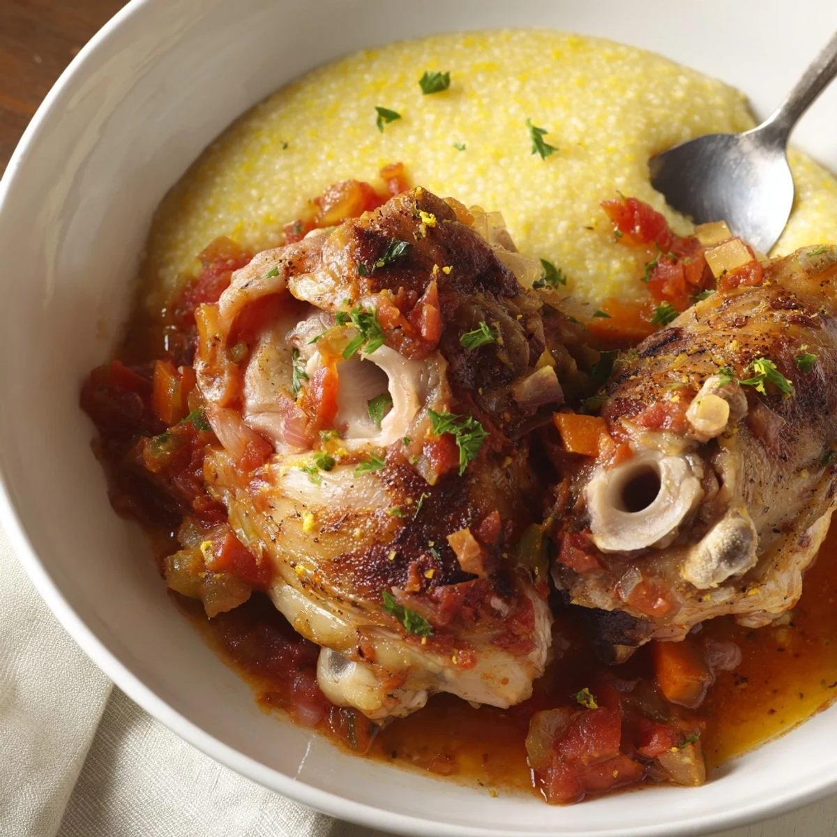 Chicken Thigh Osso Bucco simmering in rich tomato and white wine sauce