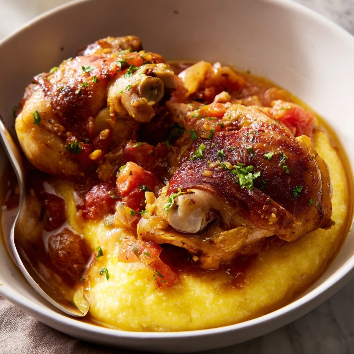 Hearty Chicken Thigh Osso Bucco served over creamy polenta, steam rising