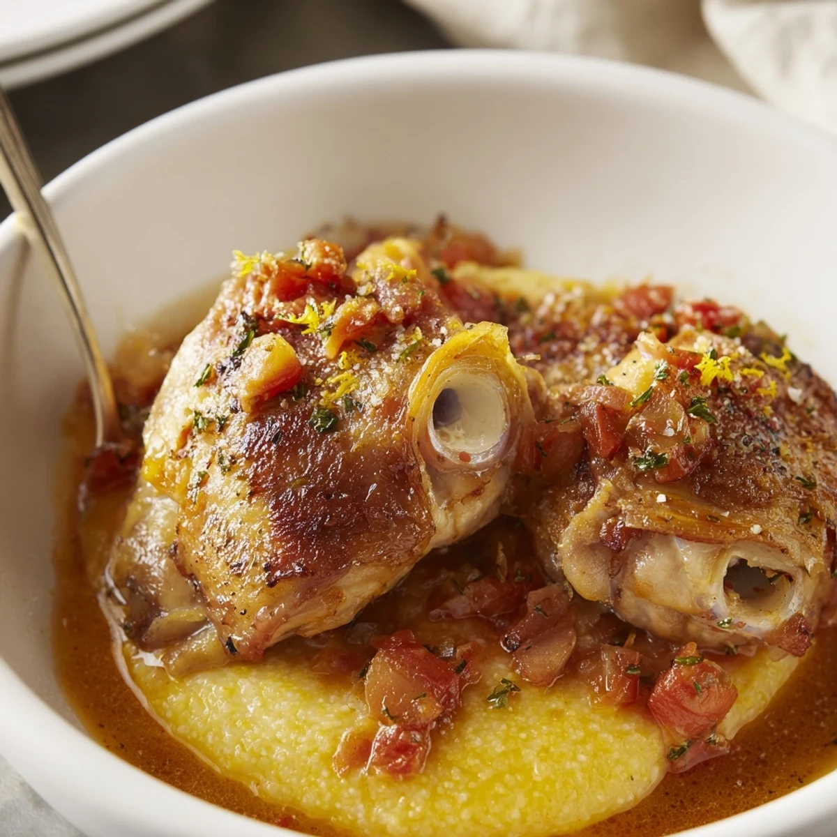 Slow braised Chicken Thigh Osso Bucco with fragrant lemon zest and crusty bread