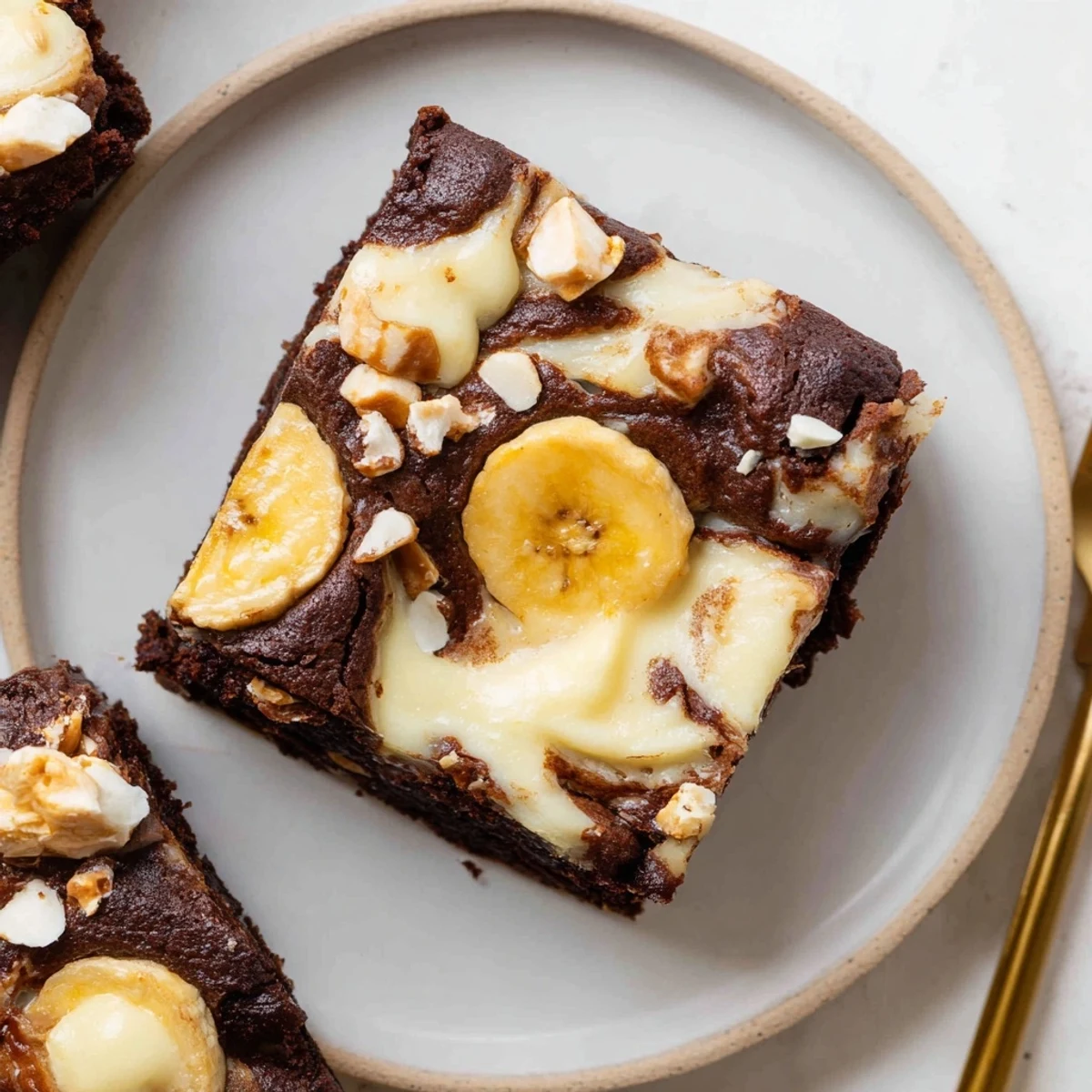 Banana Pudding Brownies with swirled creamy banana pudding and crunchy wafer topping