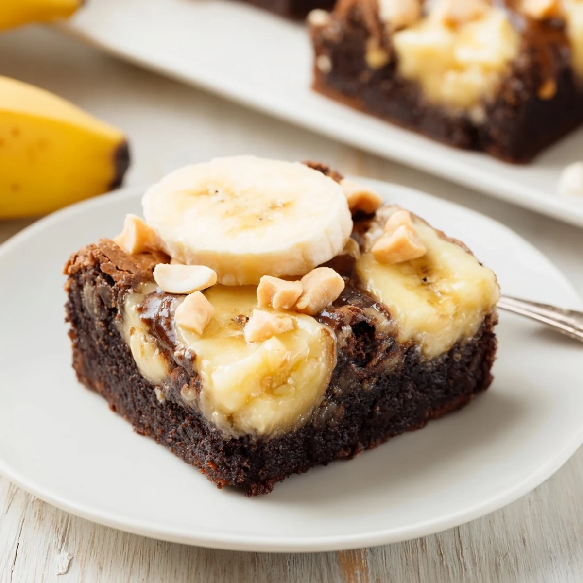 Chilled Banana Pudding Brownies plated with sliced bananas and scoop of ice cream
