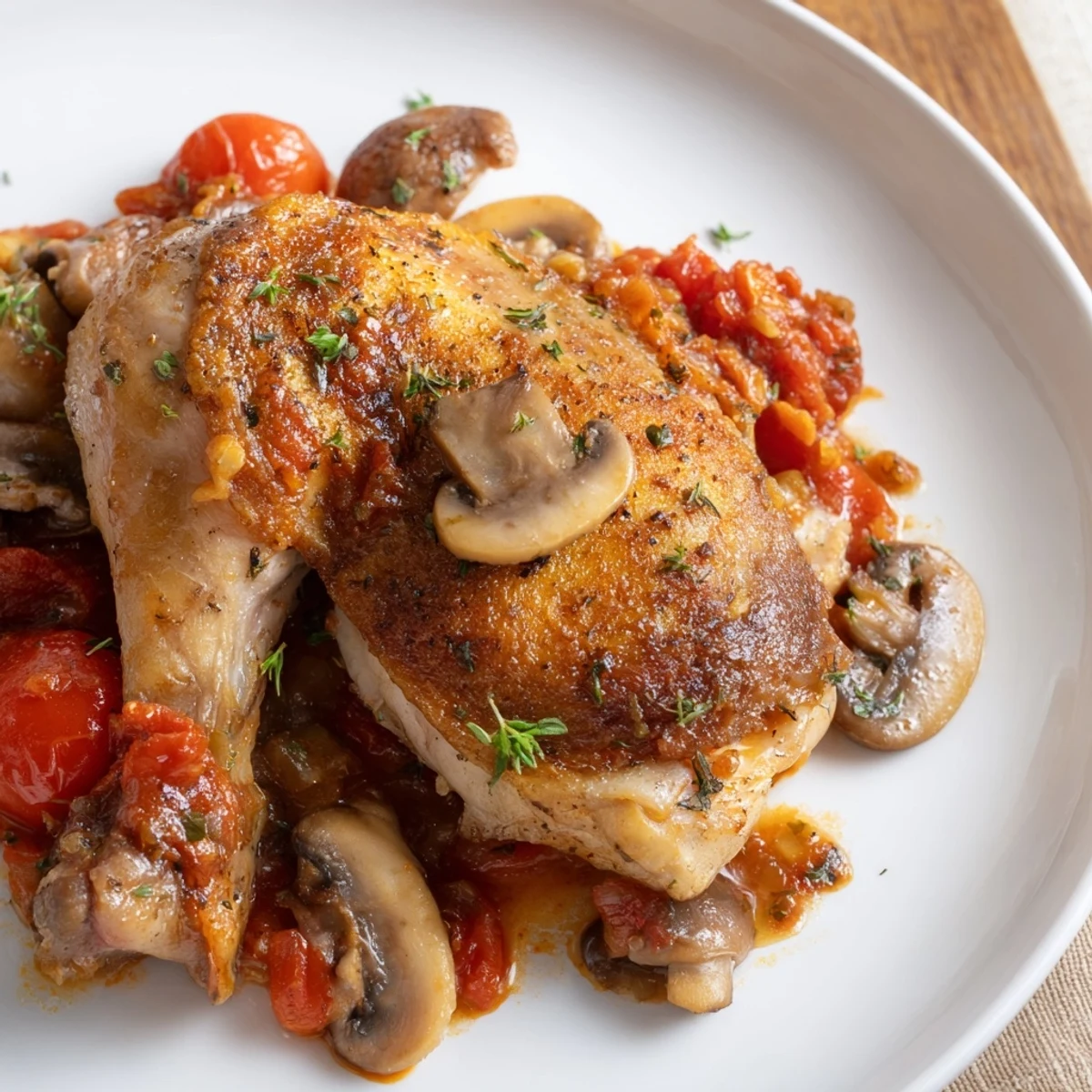 Classic French Hunters Chicken simmering in tomato and mushroom sauce, bread nearby