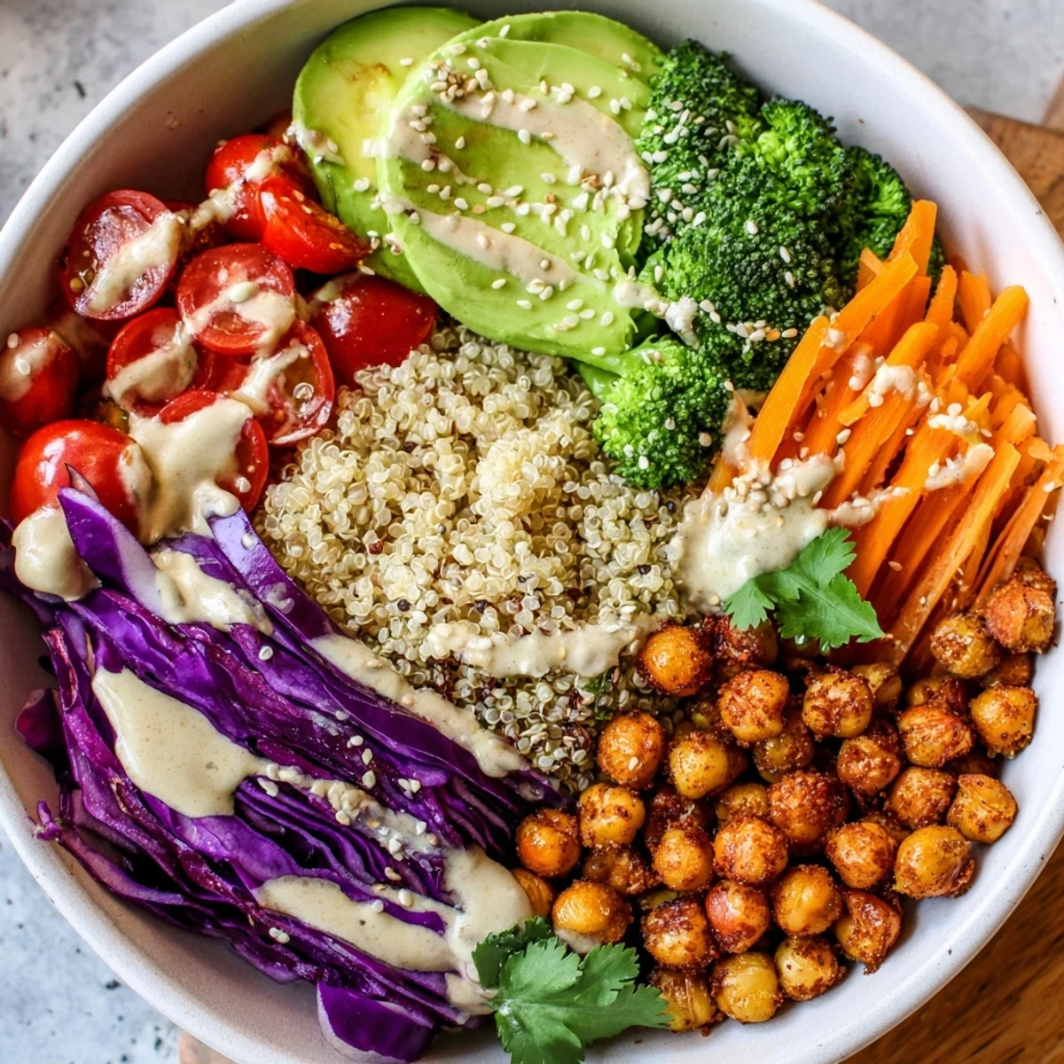 Colorful Buddha Bowl loaded with roasted chickpeas, fresh veggies, and creamy tahini dressing
