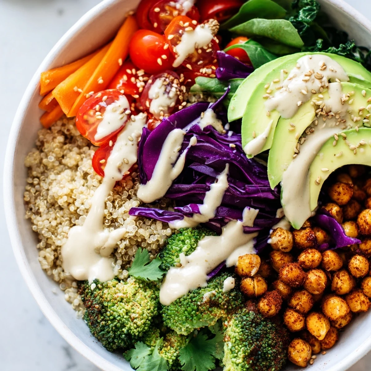 Vibrant Buddha Bowl featuring steamed broccoli, sliced avocado, and smoky spiced chickpeas
