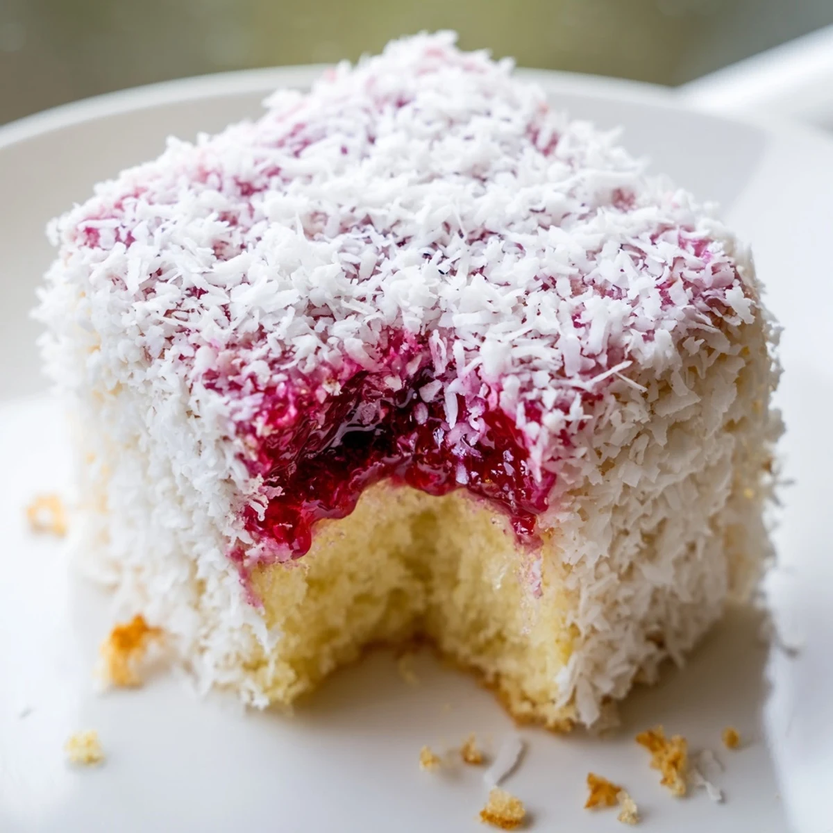 Pink raspberry lamingtons coated in shredded coconut on a white plate