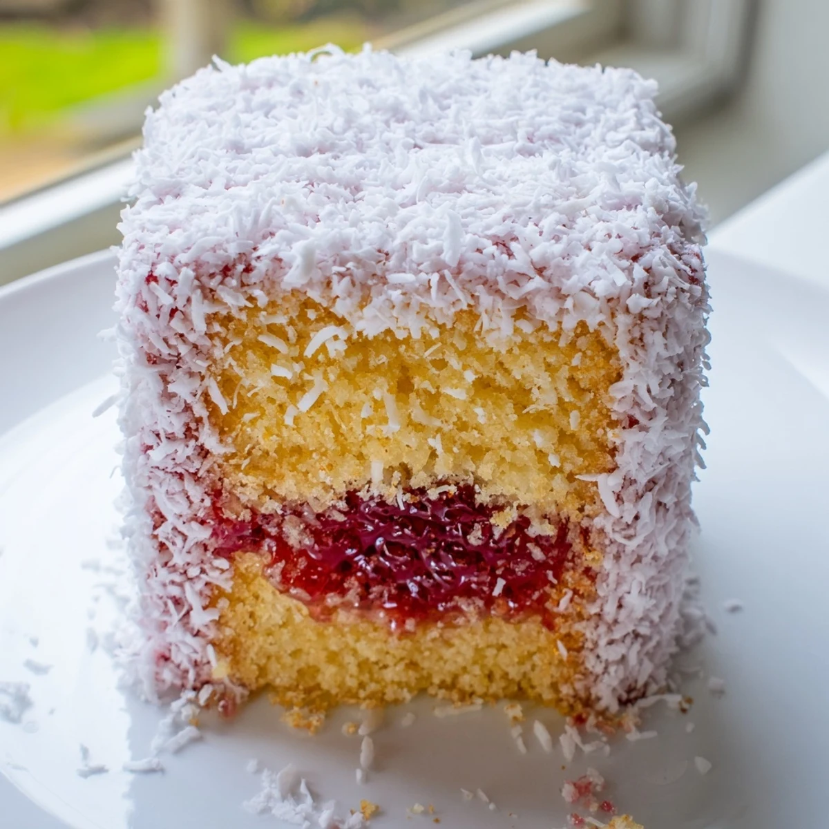 Soft sponge squares dipped in raspberry jam and rolled in flaked coconut