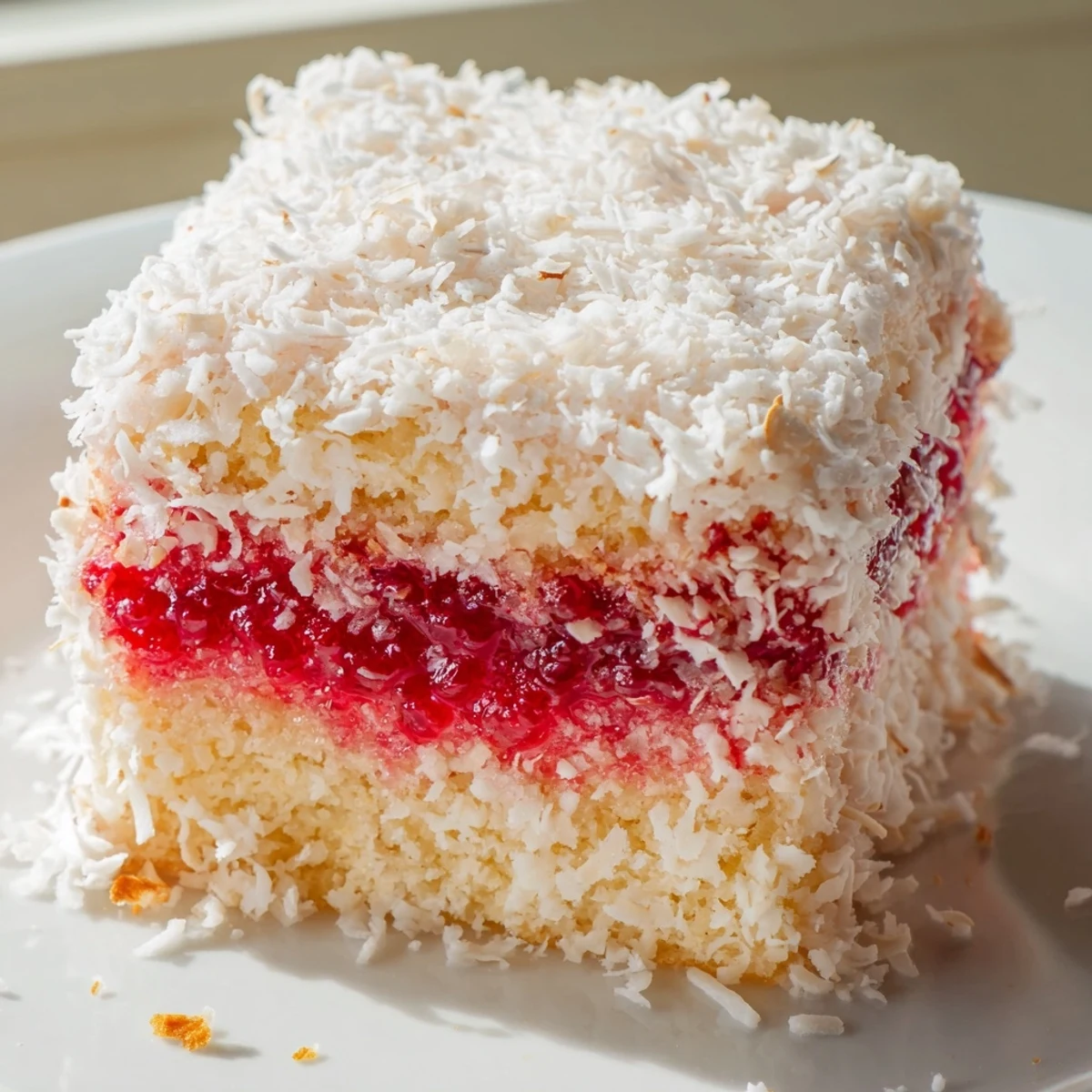 Golden sponge cake cubes covered in sticky raspberry glaze and desiccated coconut