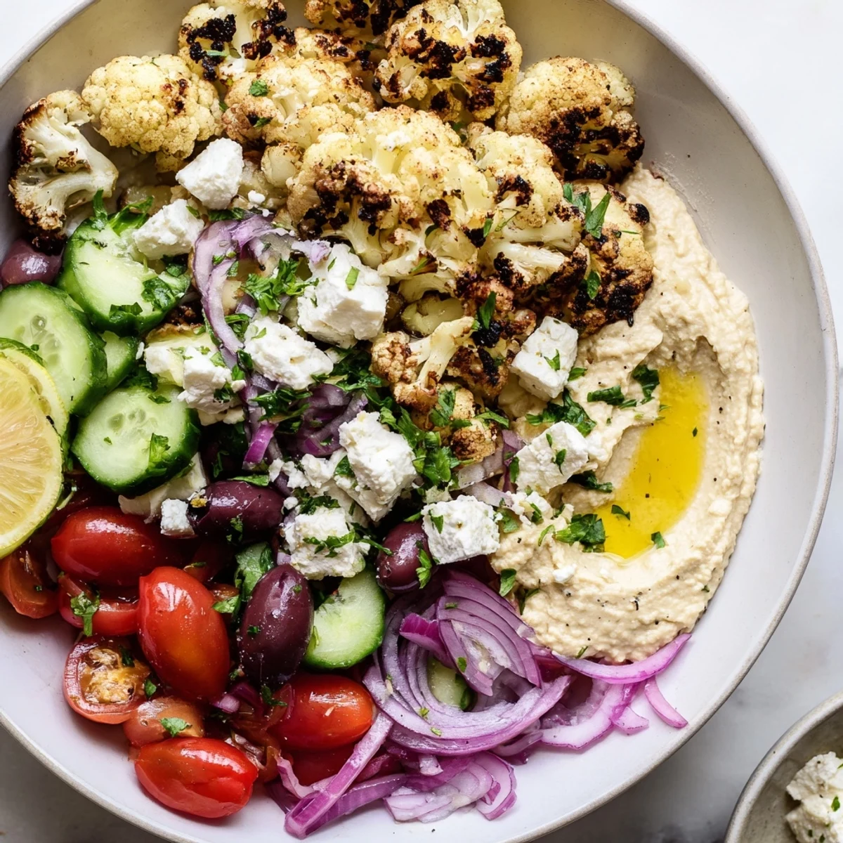 Golden roasted Greek cauliflower bowl topped with crumbled feta and fresh vegetables